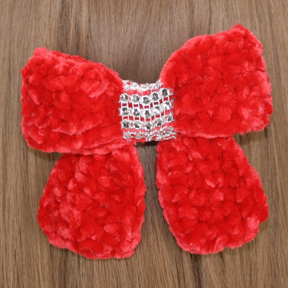 HAND CRAFTED Crochet Bow Chenille Velvet Hair Barrette Oversized Bling Red - Picture 5 of 14
